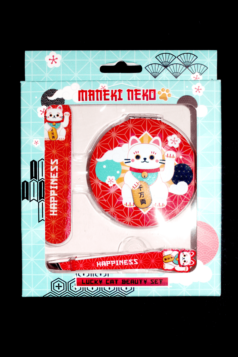 Maneki Neko Lucky Cat Compact Mirror, Nail File and Tweezers Beauty Set