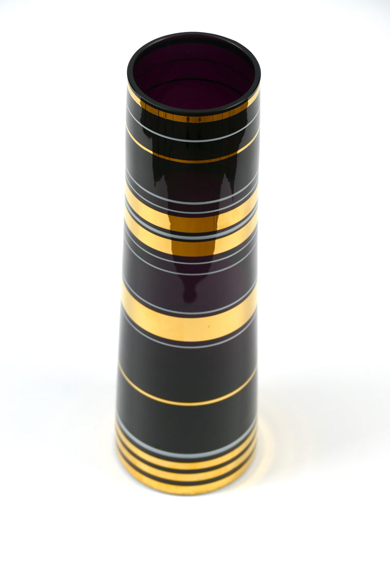 Mid Century purple glass vase with gold bands